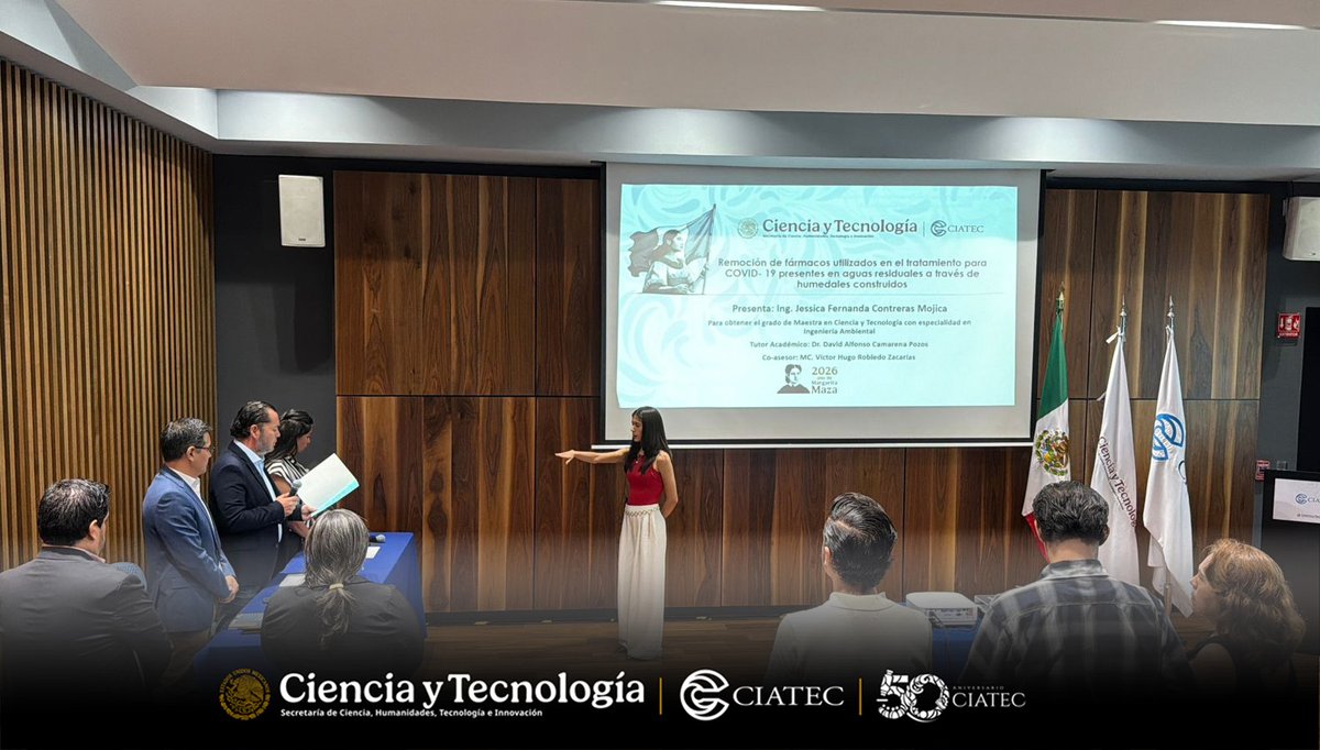 ciatec_mx's tweet photo. ¡Enhorabuena Jessica Fernanda Contreras Mojica!🙌🏻👩🏻‍🎓 Graduada del la Maestría en Ingeniería Ambiental, quien presentó el tema: "Remoción de fármacos utilizados en el tratamiento para Covid-19 presentes en aguas residuales a través de humedales construidos" #posgradosciatec #CIATEC https://t.co/XAASXt90lG