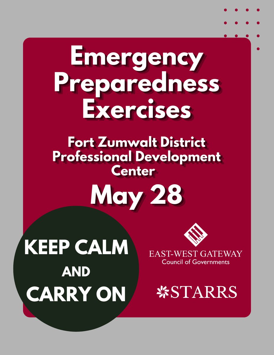 EWGateway's tweet photo. Emergency management teams are conducting preparedness exercises at the Fort Zumwalt School District Professional Development Center in O'Fallon, Missouri today, May 28. These exercises will help prepare the St. Louis region for future crises. There is no real world emergency! Please stay clear of the exercise and allow the participants do do their important work. Thank you!