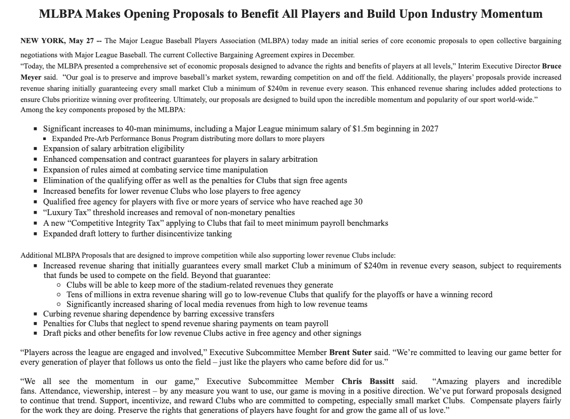 EvanDrellich's tweet photo. News: The MLBPA today proposed a minimum salary of $1.5 million starting in 2027 in their opening economic proposal to owners, along with significant increases to revenue sharing. Some players would reach free agency after 5 years rather than 6

Next, the owners propose tomorrow https://t.co/i5WMNTo1JO