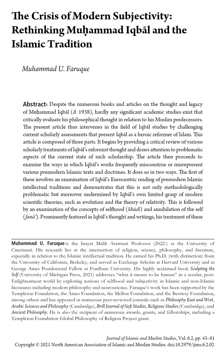 ShaykhIshraq's tweet photo. In my view, Muhammad Iqbal is widely misunderstood and mischaracterized in both Eastern and Western academic circles for a variety of reasons. One of the more nuanced readings of Iqbal that I have seen—albeit somewhat harsh in tone—is this paper by Muhammad U. Faruque. https://t.co/g3iFjeBIIs