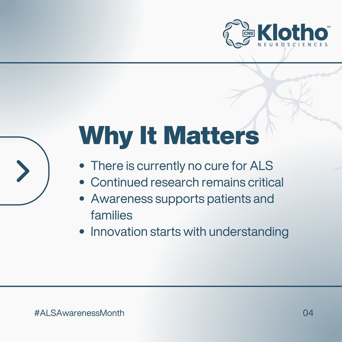 KlothoNeuroSci's tweet photo. As #ALSAwarenessMonth comes to a close, weโre helping raise awareness around amyotrophic lateral sclerosis (#ALS).
Swipe through to learn more about ALS, common symptoms, and the importance of continued research and awareness. https://t.co/Ak56R4Z2MC