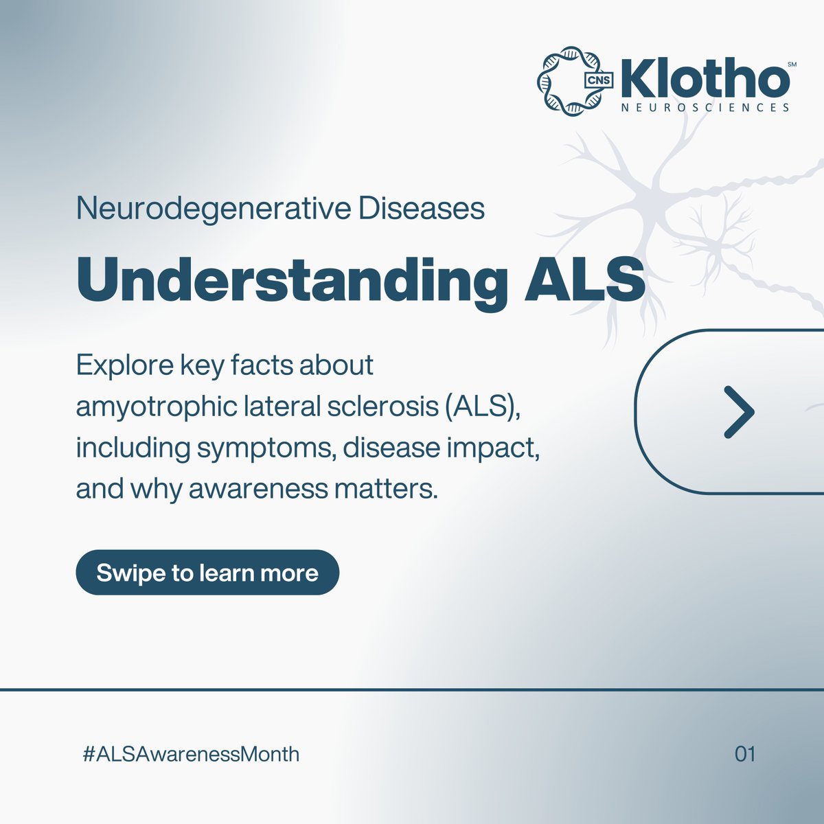 KlothoNeuroSci's tweet photo. As #ALSAwarenessMonth comes to a close, weโre helping raise awareness around amyotrophic lateral sclerosis (#ALS).
Swipe through to learn more about ALS, common symptoms, and the importance of continued research and awareness. https://t.co/Ak56R4Z2MC