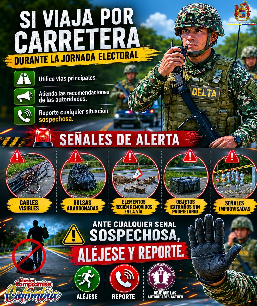 Ingenieros_EJC's tweet photo. Tu voto vale, pero tu vida aún más.

En esta jornada electoral movilízate con precaución y mantente alerta ante cualquier situación sospechosa.

Si observas objetos extraños, paquetes abandonados o alteraciones en la vía:

❌ No tocar
❌ No acercarse
❌ No manipular
✅ Informar de inmediato a la línea 107 o al personal EXDE, Delta y Grupo Marte de @Ingenieros_EJC.

La prevención también salva vidas.

#EleccionesSeguras
#PlanDemocracia
#DefensoresDeLaDemocracia