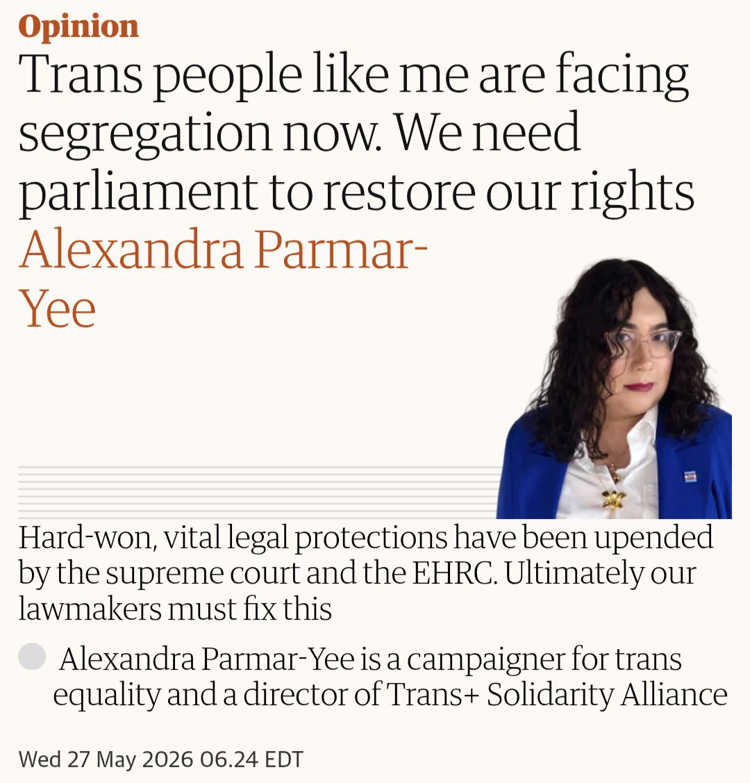 jan_murray's tweet photo. The Guardian has commissioned a man to write about why he should be allowed to use women’s single sex spaces. 

‘We need to restore our rights,’ he claims - as if this was ever lawful. 

He also claims women ‘welcomed ‘him into their single sex spaces. 

Well not this one, Sunshine. 
The majority of women and girls want single sex spaces. 
And those women who ‘welcomed’ you into their spaces cannot consent on behalf of other women.

So much gaslighting. 

Link to read article in comments 👇