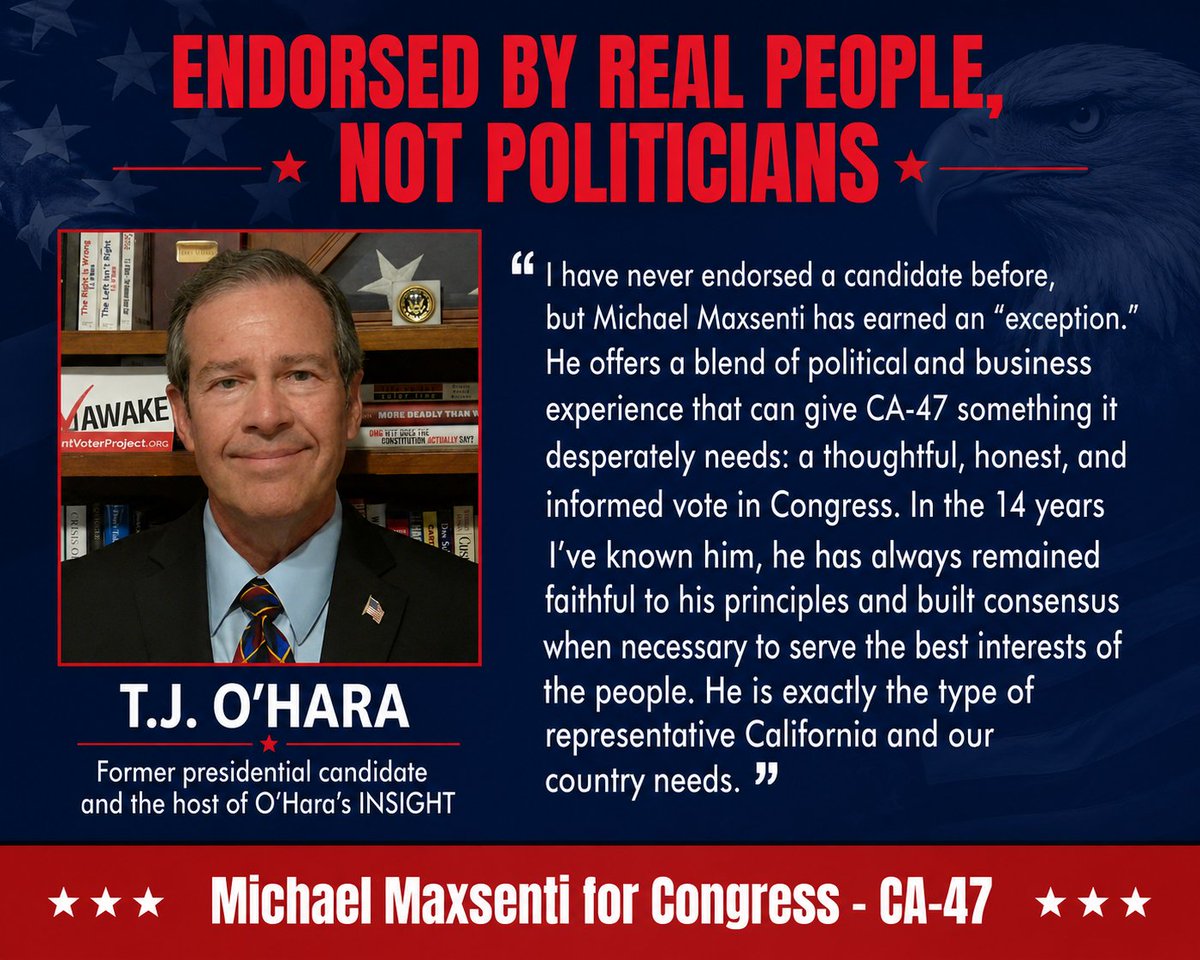 Maxsenti47's tweet photo. Thank you, T.J., for this powerful endorsement.

Ballots are out NOW in California’s 47th District. This is our moment to send a principled, independent-minded leader to Congress who puts people over politics.

If you’re in CA-47, please vote Michael Maxsenti and help us bring real leadership and common sense to Washington.

Michael Maxsenti for Congress - CA-47
#maxsentiforcongress #VoteNow #CA47