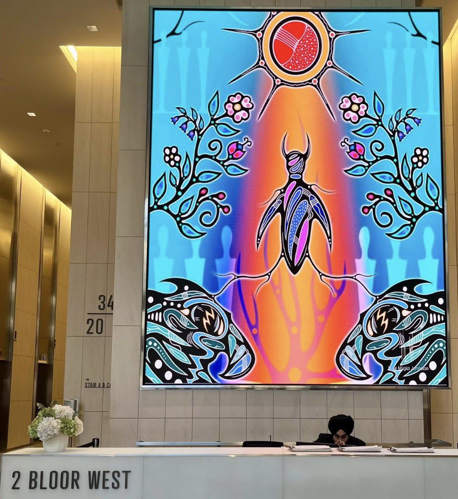 DhkBeau's tweet photo. In Ojibwe our word for spring is minookmi (min-nook-mi). Anishinaabe art by Nyle Johnston.  @ 2 Bloor St. W. Toronto,ON https://t.co/2BCI6PfdJz