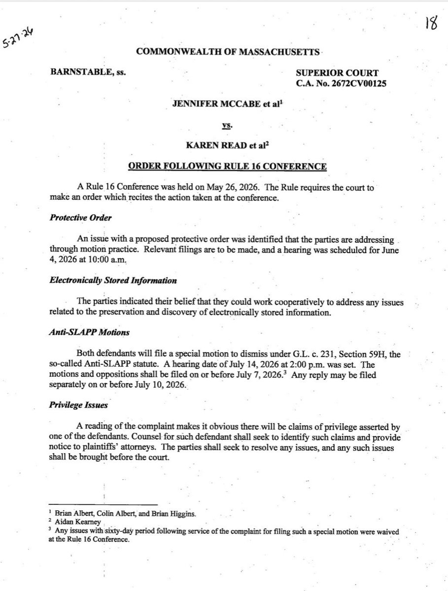kreadisinnocent's tweet photo. NEW: Jennifer McCabe, Brian and Colin Albert, Brian Higgins v. Karen Read and Aidan Kearney

Order Following Rule 16 Conference https://t.co/qXbRmqIKiz