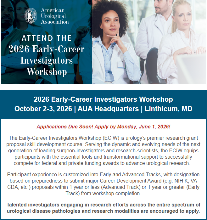 ACOSurgeons's tweet photo. The Early-Career Investigators Workshop (ECIW) is urology’s premier research grant proposal skill development course. Serving the dynamic and evolving needs of the next generation of leading surgeon-investigators and research-scientists, the ECIW equips participants with the essential tools and transformational support to successfully compete for federal and private funding awards to advance urological research.  
 
Participant experience is customized into Early and Advanced Tracks, with designation based on preparedness to submit major Career Development Award (e.g. NIH K, VA CDA, etc.) proposals within 1 year or less (Advanced Track) or 1 year or greater (Early Track) from workshop completion.
 
Talented investigators engaging in research efforts across the entire spectrum of urological disease pathologies and research modalities are encouraged to apply.

Learn more: https://t.co/vHtOAVjQ2W