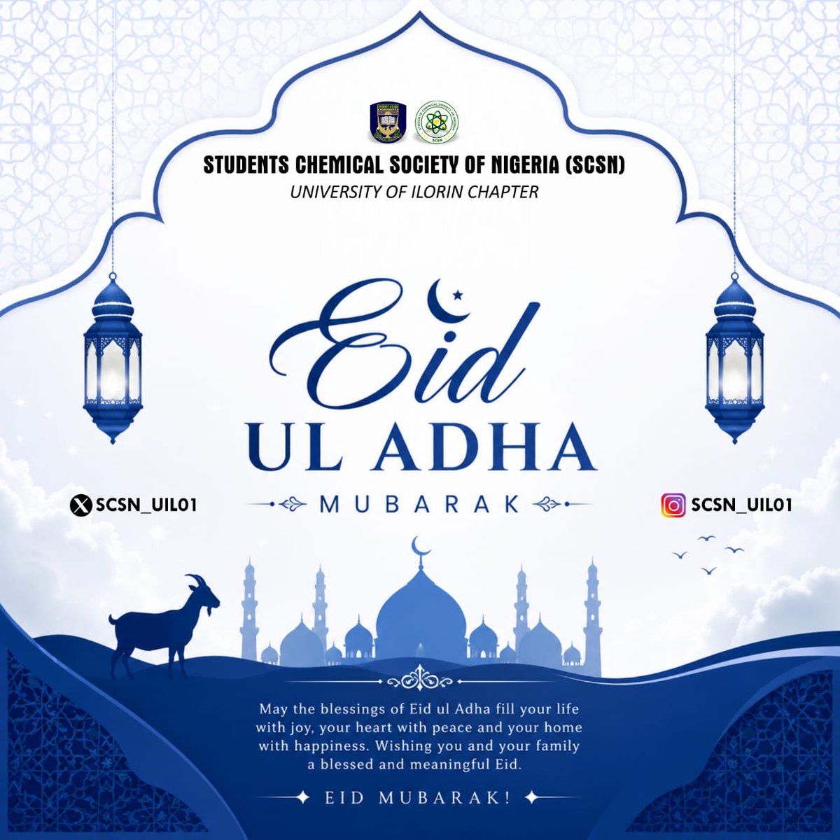 SCSN_UIL01's tweet photo. As we commemorate the spirit of sacrifice, faith, and devotion, may Allah accept our prayers and reward us abundantly. Wishing you and your loved ones a joyful and meaningful celebration filled with peace, love, unity, and gratitude.

Eid Mubarak from SCSN Unilorin Chapter 💙 https://t.co/K4SrbtIsQM