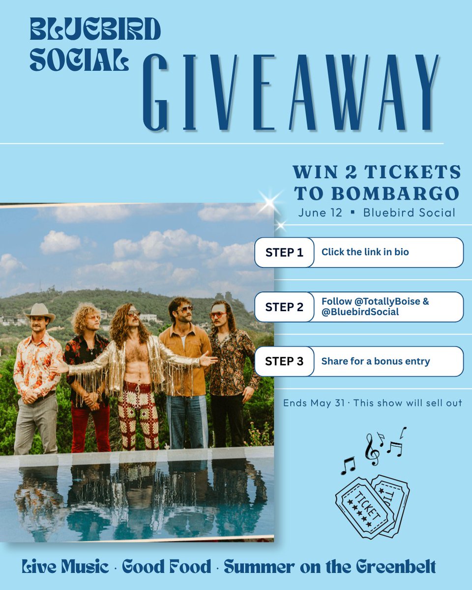 TotallyBoise's tweet photo. 🎟️ We're giving away 2 tickets to see Bombargo live at Bluebird Social on June 12!

Enter in 3 steps. Link in bio.

Follow @TotallyBoise &amp; @BluebirdSocial &amp; share for a bonus entry.

Ends May 31. Don't sleep on this. 🎶 https://t.co/zTGFERSzRv
