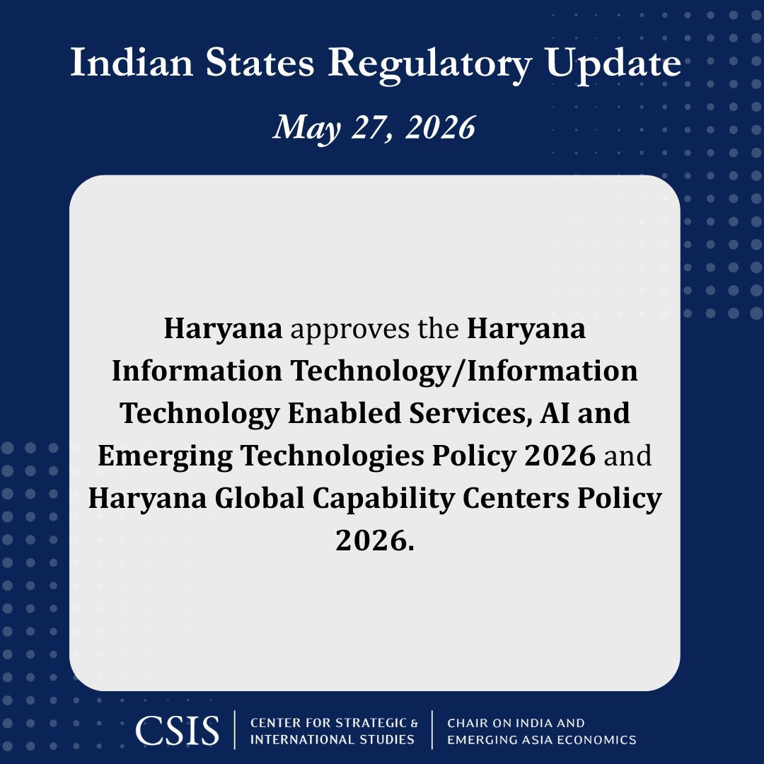 CSISIndiaChair's tweet photo. New States Weekly! 

#Haryana approves new IT, AI, Emerging Technologies, and GCC policies to strengthen the state’s innovation ecosystem. 

Read the full Newsletter here: https://t.co/4nhOSr9ptk 

@cmohry @NayabSainiBJP https://t.co/Ia1ZVYUzZX