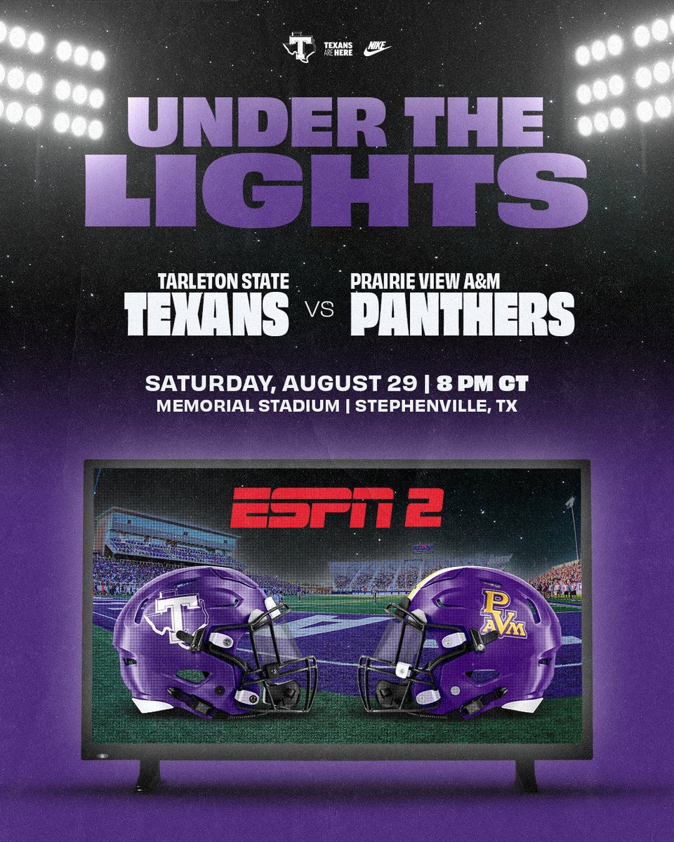 TarletonFB's tweet photo. Our season opener game time and network have been announced!

Tarleton State will open 2026 under the lights against Prairie View A&amp;M on ESPN 2 🔥

Story: https://t.co/CWradJAuyS https://t.co/g3VT3jXz0a