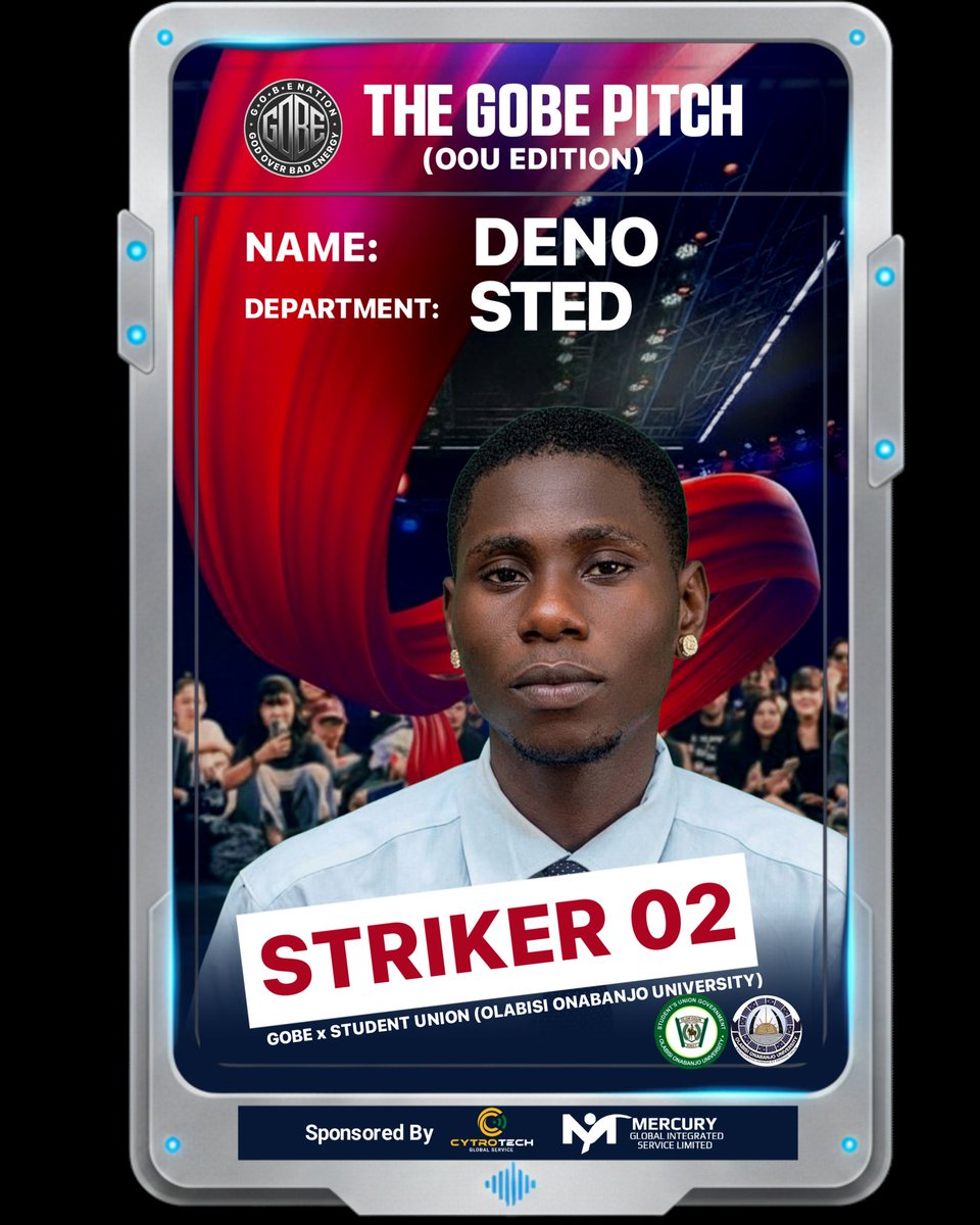 _officialgobe's tweet photo. STRIKER 02
Meet DENO from STED.
One mic.
One stage.
One chance to prove himself at THE GOBE PITCH.
Do you think he has what it takes to shut down the stage?
#TheGOBEPitch #OOU #CampusTalent #FreestyleChallenge #UpcomingArtist #OOUStudents #NaijaMusic https://t.co/Nldc85nARU