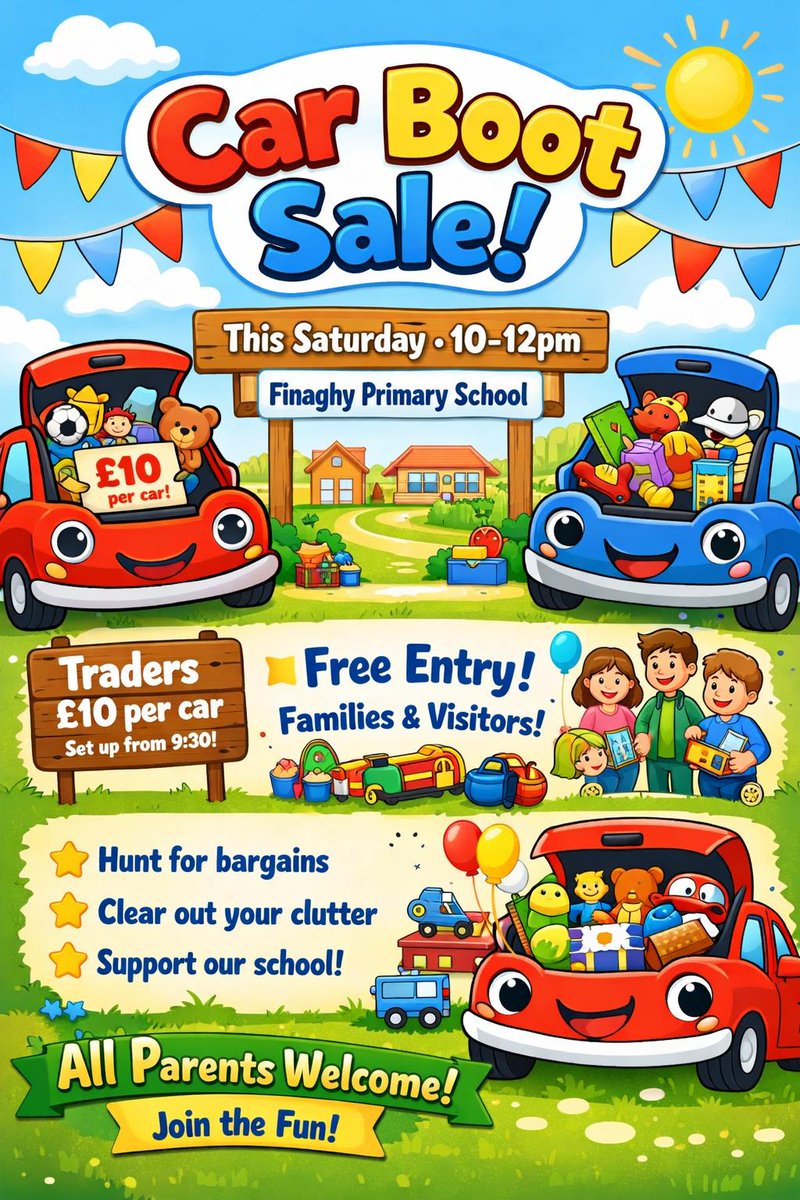 Finaghyps's tweet photo. Car Boot Sale
Come along this Saturday and browse for a bargain, enjoy the inflatables and other fun activities or enjoy some tasty treats. We're open from 10.00am to 12.00 noon. https://t.co/N2TsTDBQ91