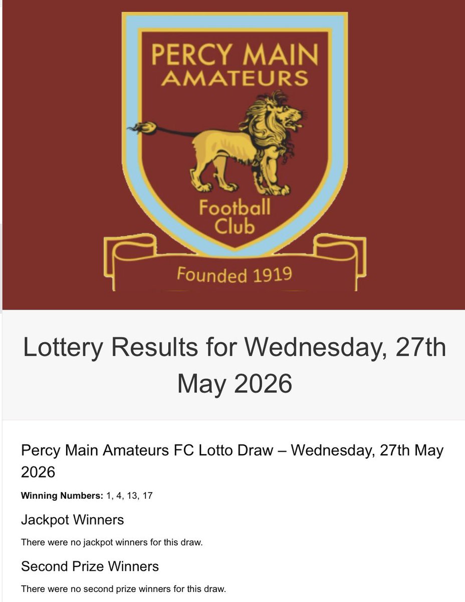 PercyMainAFC's tweet photo. Tonight’s Percy Lotto numbers are 1 - 4 - 13 - 17 and once again the Jackpot remains unscathed!

£2,725 for next Wednesday’s draw though:
👇

https://t.co/cXLvC0j3F5 https://t.co/yONFbjfHWZ