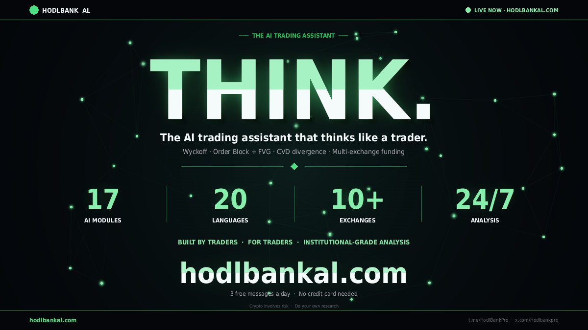 Hodlbankpro's tweet photo. 🧠 THINK.
The AI trading assistant that thinks like a trader is now LIVE.
@Hodlbankpro × HodlBank AL — same ecosystem, smarter than ever.
What's inside:
✨ 17 institutional-grade AI modules — Wyckoff, Order Block + FVG, CVD divergence, multi-exchange funding rate, liquidation zones & more
🌍 20 languages — built for global traders
📡 10+ exchanges synced — real-time market structure
📊 Watchlists, alerts, trade journal, position tracker
🔐 Magic-link login · 2FA · Privacy-first
💎 HBT staking discount (coming soon — 20% off for 10K+ stakers)
3 free messages a day. No credit card needed.
👉 https://t.co/sRJa59l0Kg
⚠️ Crypto involves risk · Do your own research
#HodlBankAL #HodlBankPro #HBT #AITrading #CryptoAI