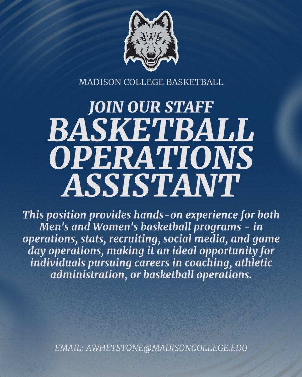 PackMBB's tweet photo. Madison College basketball programs are hiring for a Basketball Operations Assistant! 

Apply today | https://t.co/x4inu3mdwP | https://t.co/FrHJyrRJ36