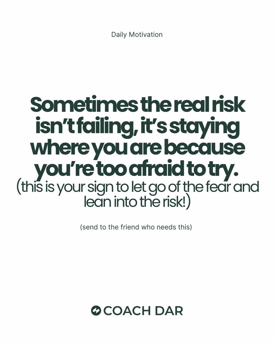 TheCoachDar's tweet photo. Sometimes we think fear is the warning sign to stop. But what if fear is actually the sign that your life is about to expand?

When I look back at the moments that changed my life, almost every single one started the same way:
with uncertainty,
with doubt,
with wondering if I was really capable,
with the temptation to stay safe instead of stepping forward.

Every great thing in my life came after a moment where I was scared to take the leap.

Leaving what was familiar.
Starting over.
Walking into rooms I didn’t feel fully ready for.
Betting on myself before there was proof it would work.
Choosing growth over comfort.
Choosing purpose over approval.

And the truth is, none of those moments felt fearless.

They felt uncomfortable.
Messy.
Vulnerable.
Risky.

But I’ve learned something:
the life you want is usually on the other side of the decision you’re afraid to make.

Most people don’t fail because they lack talent.
They fail because they stay where it’s comfortable too long.

They stay in unhealthy relationships longer than they should have.
The career that drains them. 
The routine that keeps them small.
The friend’s circle that is no longer in alignment.
The identity they’ve already outgrown.

And not because they can’t grow…
but because fear convinces them that staying the same is safer.

But staying the same has a cost too.

Growth will stretch you before it strengthens you.
Every new level asks for a version of you that you haven’t fully met yet.

So if you’re in that space right now…
the uncomfortable space…
the uncertain space…
the “what if this doesn’t work?” space…

Maybe this is your SIGN.

You do not need guarantees to begin.
You just need enough courage to take the next step.

Because one day you may look back and realize:
the moment you were most afraid to leap
was the moment your life was trying to change for the better. (I’m living proof of this)

Send this to someone who needs the reminder:
sometimes the real risk isn’t failing…
it’s never giving yourself the chance to become who you were meant to be. 

#taketherisk #encouragement #mindset