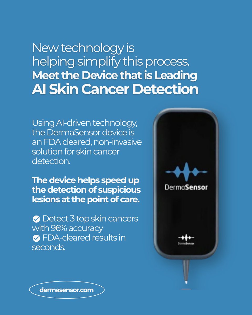 DermaSensor's tweet photo. Evaluating skin lesions can be time-consuming and unclear. DermaSensor™ uses AI to detect suspicious lesions in seconds at the point of care.

Request a demo: https://t.co/gGLH6Fr4xL https://t.co/EzJSVYXYk5