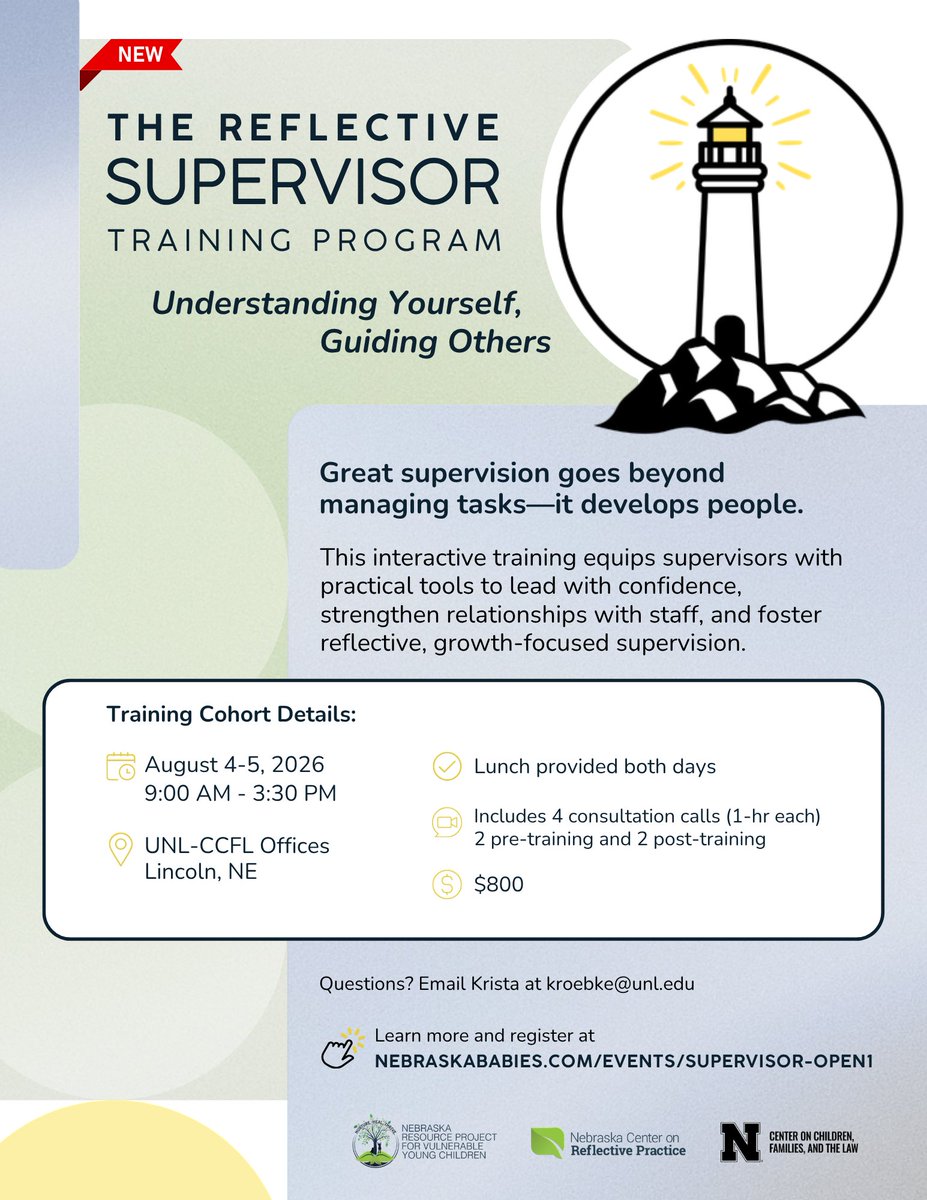 NebraskaBabies's tweet photo. 🆕We’re excited to announce we’re adding a new training program to our Reflective Practice offerings, and registration is officially open for our first public cohort! The Reflective Supervisor Training Program helps supervisors strengthen their leadership by building greater self-awareness and equipping them with practical strategies for conducting meaningful supervision conversations.

Visit our website to learn more: https://t.co/5Fe2KTy04x

For questions, contact Krista at kroebke@unl.edu.