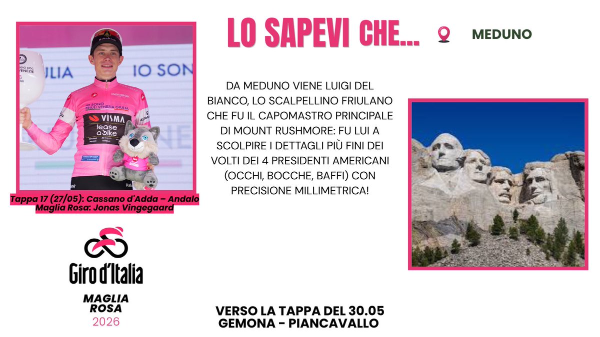 VisitFVG's tweet photo. 🚴🏻Giro d'Italia 2026 - Tappa 17
📍27/05/26: Cassano d’Adda - Andalo  
💗-3 giorni alla tappa del Friuli Venezia
Giulia

Tu lo sapevi che...?
ℹ️👉🏻 https://t.co/W1JxYQMpWo
#loSonoFVG #VisitFVG #Girodltalia
📸Maglia Rosa Jonas Vingegaard: RCS
@giroditalia https://t.co/4K0pP4ByDa