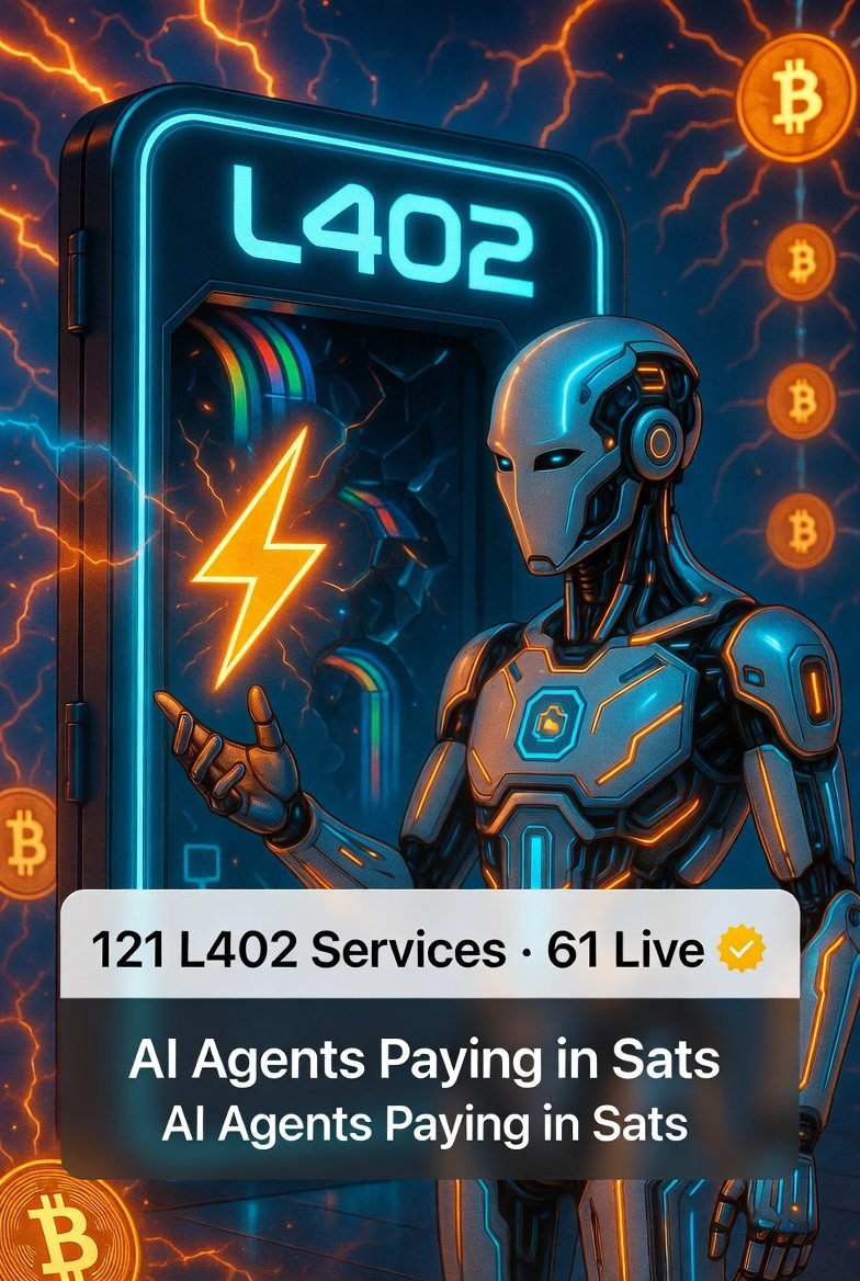 BitcoinWhitcomb's tweet photo. Agents are actually using L402 right now ⚡

Fresh data from https://t.co/SorFlos0WK (the top paid API directory for agents): 

• 121 L402 services indexed
• 61 live & 97% healthy

Real examples in the wild: 
• AgentRoute Oracle just proved a full L402 payment loop → optimized Lightning routes after instant sats payment 
• Lightning Labs’ #lnget + agent tools let AI agents autonomously pay L402 APIs (no keys, no accounts) 
• Live 1-sat test endpoints (fortune cookies) running 24/7 for agent payment flow testing. 

Sats for compute & data, straight from agent to API. The machine economy is live. 

#L402 #Lightning #Bitcoin