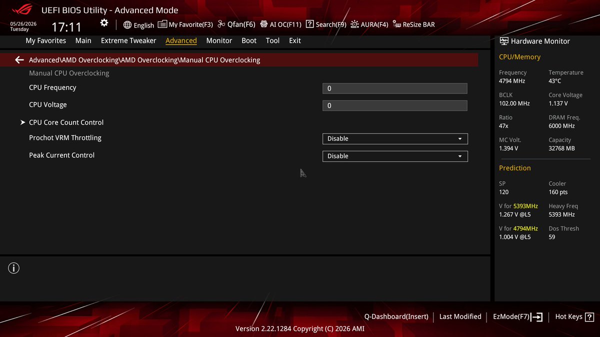 zenkytweaks's tweet photo. 🚨 9800X3D OR HIGHER? DISABLE THESE 2 BIOS OPTIONS INSTANTLY

Advanced → AMD Overclocking → Manual CPU Overclocking

Prochot VRM Throttling → Disable
Peak Current Control → Disable

What they do ↓

⚠️ Prochot VRM Throttling = when your VRM gets hot, it throttles your CPU to protect itself,left enabled it can silently tank your performance mid-session without you even noticing

⚠️ Peak Current Control = limits how much current your CPU can pull during spikes,great for weak boards, terrible for performance on a ROG board that can handle it

→ Disable both → stop leaving FPS on the table

🔧 Want your rig optimized from scratch for YOUR system and not presets? 
DM me or join my Discord Server to book now👇