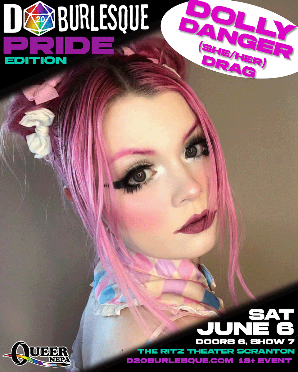 d20burlesque's tweet photo. PERFORMER SPOTLIGHT:  Dolly Danger
Dolly Danger is a lesbian dance artist and drag queen based in Wilkes-Barre.  She's trained in a myriad of dance genres and acrobatics. She's cute, creepy, and chaotic.
Don't miss Dolly June 6th
D20 Burlesque Pride Edition
Ritz Theater- Scranton https://t.co/XxhuCrbQ9B