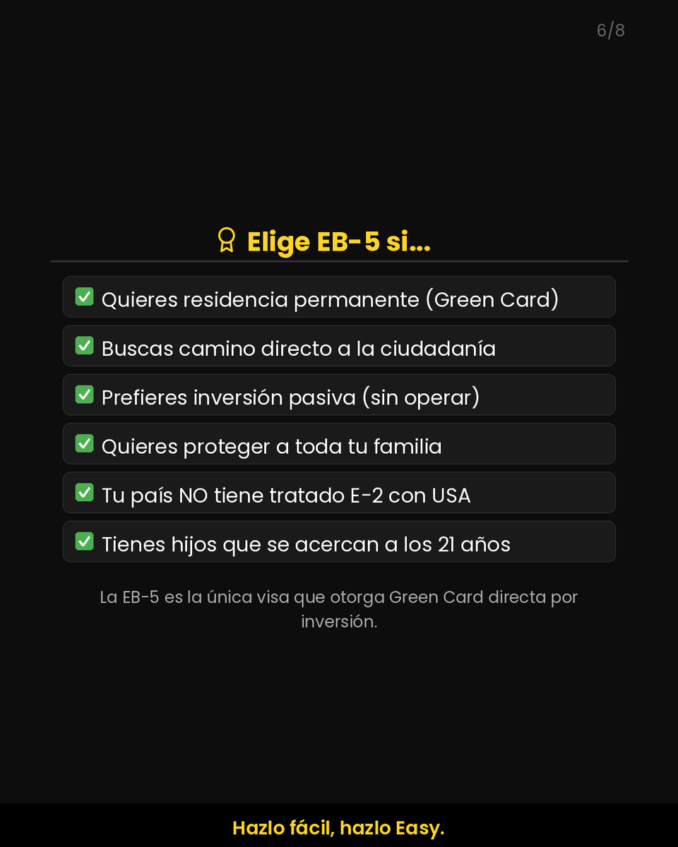 EasybsUS's tweet photo. E-2 vs EB-5: E-2 desde $100K, temporal, 3-6 meses. EB-5 desde $800K, Green Card directa, desde 6 meses. Ojo: hijos E-2 pierden estatus a los 21. 

Mejor estrategia: combinarlas. Escríbenos.

#VisaE2 #EB5 #GreenCard #InvertirenUSA #EBS https://t.co/DMqpCmubCh