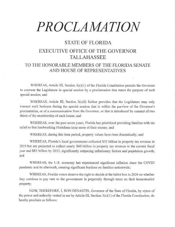 FBSaunders's tweet photo. Inbox: Here's the official proclamation for next week's property tax special session, from @GovRonDeSantis: https://t.co/jVrU3SinWP