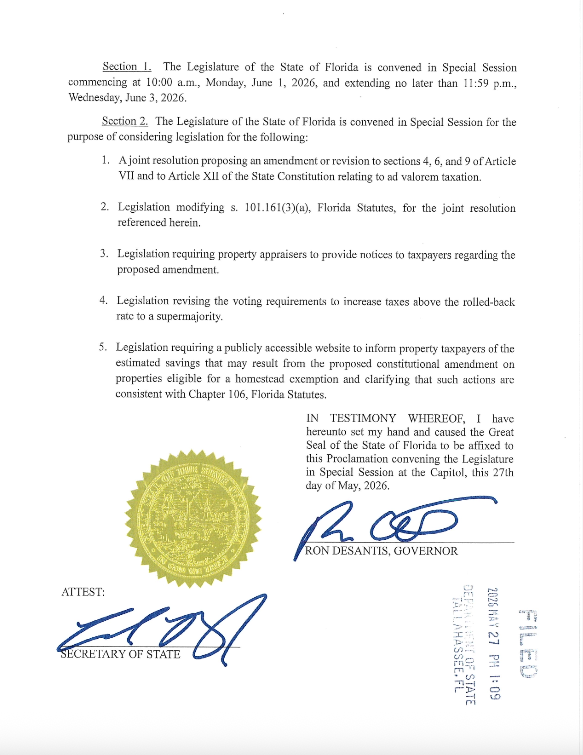 FBSaunders's tweet photo. Inbox: Here's the official proclamation for next week's property tax special session, from @GovRonDeSantis: https://t.co/jVrU3SinWP
