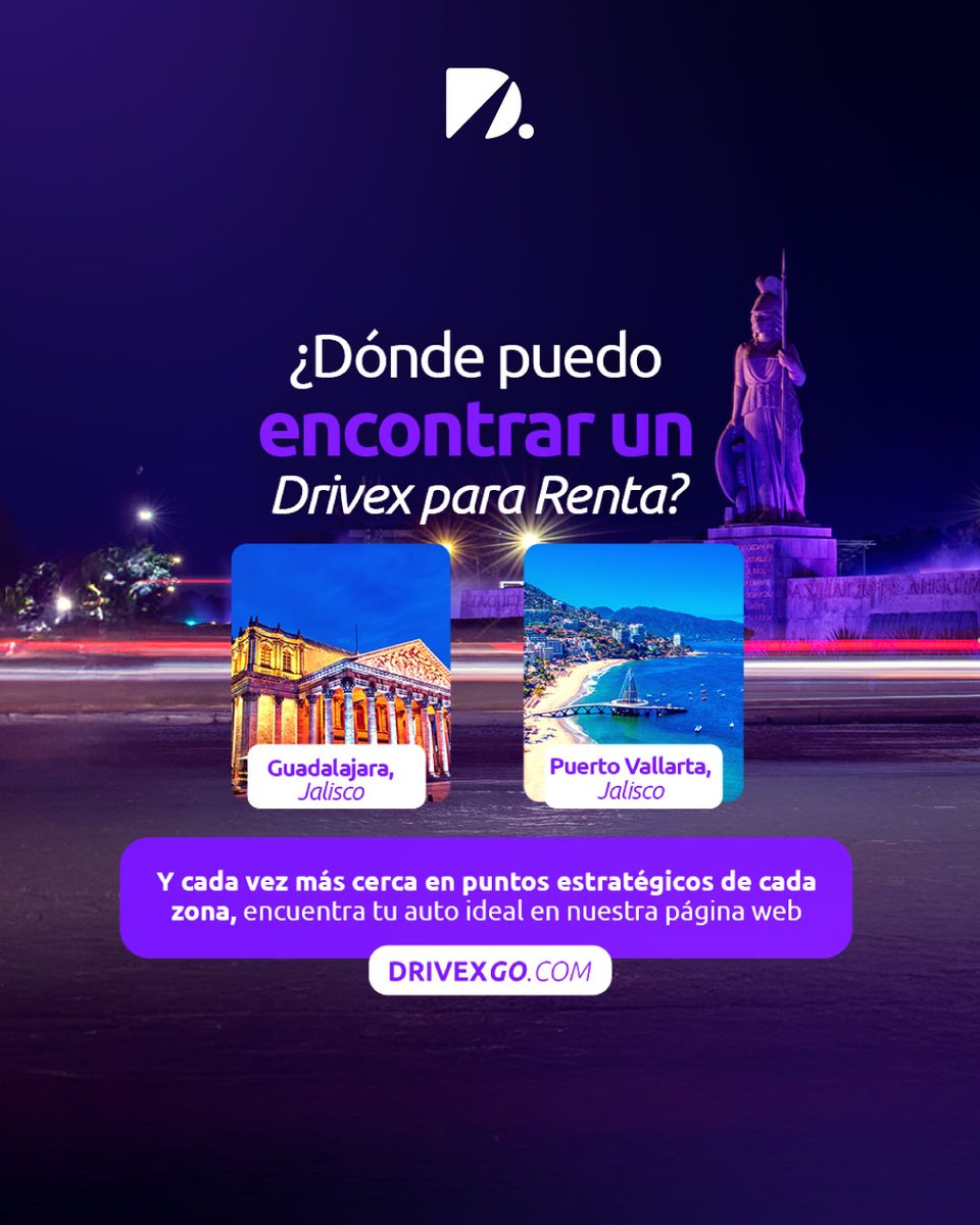 drivex_go's tweet photo. ¿Dónde puedo encontrar un Drivex para renta?

Está disponible en varios puntos de:
- Guadalajara
- Puerto Vallarta (Puerto Mágico)

Y cada vez más cerca de puntos estratégicos en cada zona, encuéntra tu auto ideal en nuestra página (enlace en la bio).

#Drivex #carsharing #Gdl https://t.co/rDNBQyTgcX