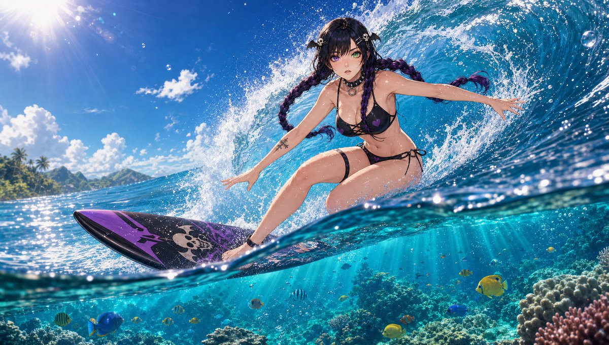 EvaGlitchAI's tweet photo. Prompt of the Day: SURF THE PERFECT WAVE 🌊🏄‍♀️☀️💜💚

Quality control tested as always by our good friend @Nodoka_Katana 

Today’s Prompt of the Day puts your character into a glossy cinematic surf scene, riding a huge tropical wave with a split-shot camera view showing both the surfer above the water and a coral reef below.

Use one character reference as @Image1.
You may also add an optional swimsuit or beach outfit reference as @Image2.

Have fun with this one 🌊

............................PROMPT STARTS HERE............................

@Image1 = primary character identity and art style reference ONLY
@Image2 = OPTIONAL swimsuit / beach outfit reference ONLY

Optional written inputs:
swimsuit description

surfboard description

beach / ocean mood
specific character details
Create a high-quality 16:9 anime illustration of the character from @Image1 surfing on a large, beautiful ocean wave while wearing tasteful swimwear or beachwear.
The image should feel glossy, cinematic, vibrant, and visually stunning.

==================================================
FORMAT LOCK

Final image must be a 16:9 horizontal composition.
Use a cinematic widescreen layout suitable for video use.
The composition should preserve the full surfing scene clearly, including both the above-water and underwater portions of the split-shot effect.

==================================================
CHARACTER IDENTITY AND STYLE LOCK
Use @Image1 as the ONLY source for the character’s identity.
Preserve @Image1’s:
face shape,
hairstyle,
hair color,
eye color,
skin tone,
body type,
silhouette,
species traits,
signature accessories,
signature motifs,
personality,
expression language,
color palette,
and overall visual vibe.

The character must remain instantly recognizable as the same character from @Image1.
Use @Image1 as the primary art style reference for the character.
Preserve @Image1’s:
anime aesthetic,
line quality,
facial stylization,
eye style,
hair rendering,
proportions,
shading style,
color handling,
surface finish,
and overall design language.

If @Image1 is anime, keep the character anime.
If @Image1 is stylized, keep that stylization.
If @Image1 is cel-shaded, painterly, semi-realistic, cartoon, fantasy, robotic, nonhuman, or hybrid-styled, preserve that visual language.
The final image should feel like @Image1 has been placed into a premium surfing illustration, not redesigned into a different person or different art style.
==================================================
SWIMWEAR / BEACH OUTFIT RULES

If @Image2 is provided:
Use @Image2 as the primary swimsuit or beach outfit reference.
Adapt the outfit style onto the character from @Image1 while preserving @Image1’s identity, body type, proportions, color harmony, and original art style.

If a written swimsuit or outfit description is provided:
Follow the written design accurately.
Use the described colors, clothing type, materials, accessories, and overall mood.
If both @Image2 and a written swimsuit description are provided:
Blend them together, using @Image2 as the visual outfit reference and the written description as additional direction.
If neither @Image2 nor a written outfit description is provided:
Create an original tasteful swimsuit or beachwear design that fits the character’s personality, color palette, body type, species traits, and visual aesthetic.
The swimwear or beachwear should feel:
stylish,
tasteful,
anime-inspired,
beach appropriate,
comfortable,
athletic enough for surfing,
character-specific,
and visually appealing.
Possible outfit styles include:
one-piece swimsuit,
sporty bikini,
rash guard,
swim shorts,
surfer outfit,
modest swimsuit,
swim dress,
beach hoodie with swimwear,
athletic two-piece,
or elegant anime beachwear adapted for surfing.
Use the character’s original colors, motifs, accessories, and personality to inspire the design.
The outfit should feel custom-made for the character rather than generic.
==================================================
SURFING SCENE CONCEPT
Create a dramatic surfing scene showing the character actively riding a large, powerful ocean wave.
The character is balanced on a surfboard and mid-ride on a beautiful curling wave.
The wave should feel big, dynamic, glossy, and full of motion, while still allowing the character to remain the clear focal point.
The pose should feel athletic, graceful, confident, and visually exciting.
The character may be carving across the wave, leaning into a turn, riding along the face of the wave, or cutting through ocean spray.
The character’s expression and body language should feel:
focused,
alive,
thrilled,
free,
wind-swept,
and exhilarated.
This should feel like a perfect cinematic surfing moment.
==================================================
SURFBOARD CONTACT AND BODY MECHANICS
The character must be standing properly and convincingly on the surfboard.
Make the surf stance feel physically believable and visually clear:
both feet are planted firmly on the board,
the legs are positioned naturally for surfing,
the knees are slightly bent,
the body weight is balanced,
the hips and shoulders align naturally with the motion of the wave,
and the pose clearly shows active control of the board.

The character should look stably connected to the surfboard, not floating above it or awkwardly pasted onto it.

Show clear interaction between the board and the wave:
the board should sit correctly on the water surface,
the rail may cut through the wave,
water spray may kick up around the board,
the board angle should match the surfing motion,
and the character’s footing should match the board’s position and direction.

Hands, arms, torso, legs, and feet should all support a believable surfing pose.
The surfboard should feel like a real object being ridden properly.
==================================================
SPLIT-WATER CAMERA EFFECT
Use a dramatic half-underwater / half-above-water split-shot composition.
The camera lens sits partially underwater and partially above the ocean surface.
Above the waterline:
show the character surfing the wave,
the crashing water,
ocean spray,
blue sky,
sunlight,
clouds,
and the powerful motion of the wave.
Below the waterline:
show clear tropical water,
coral reef,
light rays,
caustic light patterns,
underwater depth,
small tropical fish,
bubbles,
and beautiful underwater environmental detail.
The waterline itself should be visible across the image in a cinematic, glossy, realistic split-shot effect.
The above-water and underwater halves should feel unified, elegant, and visually stunning.
==================================================
UNDERWATER ENVIRONMENT
The underwater section should feel beautiful, bright, tropical, and inviting.
Include details such as:
coral reef,
colorful fish,
rock formations,
sandy seabed,
sunbeams filtering through the water,
bubbles,
soft underwater haze,
refracted light,
caustic patterns,
and crystal-clear tropical water.

The underwater portion should feel magical and gorgeous, but still secondary to the character surfing above.
==================================================
ABOVE-WATER ENVIRONMENT
The above-water portion should feel bright, exhilarating, and summery.

Include details such as:
curling ocean wave,
white foam,
sparkling spray,
bright sky,
sunlight,
soft clouds,
distant coastline if appropriate,
glossy reflections,
and a vibrant tropical atmosphere.

The wave should feel powerful and cinematic without overwhelming the character.
==================================================
SURFBOARD RULES
If a written surfboard description is provided:
Follow that design direction.

If no surfboard description is provided:
Create a stylish surfboard that fits the character’s color palette, personality, and aesthetic.
The surfboard should feel:
clean,
attractive,
sporty,
and visually matched to the character.
Use the character’s motifs, colors, symbols, or design language subtly in the surfboard design when appropriate.

Make the surfboard large enough and clearly visible enough for the character’s stance to read properly.
==================================================
COMPOSITION
Use a clean, premium 16:9 character illustration composition.

The split waterline should be clearly readable.
The character should remain the main focal point.
Keep the character:
clearly visible,
large enough to recognize,
sharp,
expressive,
well-lit,
and compositionally important.

The composition should feel:
cinematic,
glossy,
balanced,
dynamic,
beautiful,
and easy to read.
The above-water wave action and the underwater reef scene should both be visible, but the character remains the central subject tying both halves together.

Use the waterline, wave curve, surfboard direction, body pose, light rays, and underwater coral forms to guide the viewer’s eye back toward the character.
==================================================
CAMERA
Use a cinematic split-shot surf photography style.
The camera should feel like a premium over-under surf shot captured at the perfect moment.
Use:
half-submerged lens effect,
glossy water-surface distortion,
subtle lens droplets if appropriate,
wide-angle energy,
clean subject framing,
and a beautiful balance between the underwater and above-water views.
The shot should feel dynamic and immersive, as if the viewer is right at water level beside the wave.
The camera angle should clearly show that the character is standing properly on the surfboard.
==================================================
LIGHTING
Use gorgeous tropical daylight.

Lighting should feel:
bright,
clean,
summery,
luminous,
sparkling,
and flattering.
Include:
strong sunlight,
sparkling highlights on the water,
glossy wave reflections,
subtle rim lighting on the character,
beautiful skin and fabric highlights,
god rays or sun rays entering the water,
caustic underwater light patterns,
and radiant ocean color.
The image should feel rich, glossy, and premium.
==================================================
MOOD
One perfect wave.
One perfect summer moment.
Freedom, motion, sunlight, and sea.
The scene should feel:
thrilling,
fresh,
beautiful,
summery,
playful,
athletic,
free,
and visually breathtaking.
The mood should be stylish and uplifting, not overly sexualized.
==================================================
IMPORTANT NON-HUMAN / MASKED CHARACTER RULE
If @Image1 has no visible face, preserve that.
If @Image1 has no head, preserve that.
If @Image1 is masked, helmeted, faceless, nonhuman, robotic, object-headed, abstract-headed, animal-like, monster-like, shadow-faced, headless, or obscured, preserve that exactly.
If @Image1 has ears, horns, tail, wings, fins, scales, fur, robotic parts, unusual anatomy, or fantasy species traits, preserve those features.
If the face is hidden in @Image1, keep it hidden.
If the character is nonhuman, keep them nonhuman.
If the character is robotic, keep them robotic.

==================================================
STYLE
Create a polished high-end anime surfing illustration.

Use:
vibrant colors,
clean linework,
smooth shading,
beautiful water rendering,
gorgeous tropical lighting,
expressive face,
glossy ocean textures,
high-end anime artwork quality,
cinematic energy,
and visually cohesive color design.
Preserve @Image1’s original character art style while placing the character into a spectacular surf scene.
The environment may be richly detailed, but the character must remain the visual focus.

==================================================
QUALITY AND RENDERING

Highly detailed, polished, premium-quality anime illustration.
Clean linework, crisp rendering, readable forms, elegant swimwear design, dynamic surfing pose, beautiful lighting, and strong composition.
Keep the strongest detail on:
the character’s face,
hair,
expression,
swimwear or beach outfit,
surfboard,
hands,
body pose,
feet placement,
wave action,
and the immediate split-water focal area.

Use slightly less detail in distant background elements so the character remains dominant.
==================================================
SPECIFIC CHARACTER DETAILS

[Add any character-specific details here.]
Examples:
preserve her black twin-tails and red eyes
keep his fox ears and tail visible
keep the robot faceplate and glowing blue eyes
preserve her gothic accessories but reinterpret them as surf-friendly details
keep his shy personality but show a more excited expression

preserve the character’s original color palette of purple, white, and gold

==================================================
STYLE SUMMARY
Premium 16:9 anime surfing illustration, @Image1 character identity preserved, original @Image1 art style preserved, tasteful character-specific swimsuit or beachwear, optional outfit reference from @Image2, large beautiful ocean wave, believable surfing stance, character standing properly on the surfboard, split-shot half-underwater half-above-water composition, glossy surf photography feel, tropical coral reef below the surface, radiant sun rays, crystal-clear water, cinematic energy, polished summer anime rendering.
==================================================
MINIMAL NEGATIVE PROMPT

Do not change the character identity.
Do not change the original @Image1 art style.
Do not redesign the character into a different person.
Do not turn the character photorealistic unless @Image1 is already photorealistic.
Do not remove important species traits, ears, horns, tails, wings, masks, robotic parts, object-head features, accessories, or signature design elements.
Do not make the swimwear transparent, fetish-focused, NSFW, or wardrobe-malfunction themed.
Do not hide, crop, blur, or shrink the character.
Do not make the character float above the surfboard or stand on it incorrectly.
Do not let the wave, board, foam, waterline, bubbles, or underwater elements block the character’s face or main design.
Do not make the underwater section dark, muddy, empty, or unreadable.
Do not add text, watermark, logo, caption, or signature.

..............................END OF PROMPT..................................
#POTD #promptoftheday #AI #AiArt #Art #AnimeArt #Surfing #BeachArt #SummerArt #OceanArt #AnimeStyle #CharacterDesign #DigitalArt #CommunityPrompt