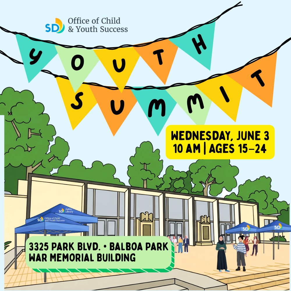 SDPublicLibrary's tweet photo. The @CityofSanDiego is holding its first-ever Youth Summit at Balboa Park! This mini-conference for 15-24 year olds will feature live music, food, exciting giveaways and lots of resources, talks and tips from local groups. https://t.co/FEZZYAQpMK https://t.co/7ifMAa4PBw