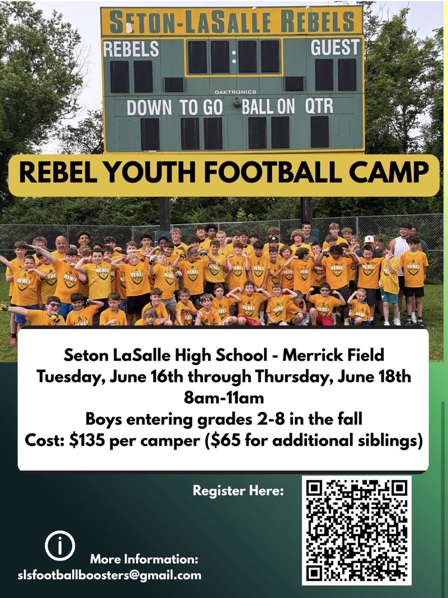 SLS_Football's tweet photo. 20 days away from one of the best youth camps in the area 🚨 🔔 Over 65 campers already signed 🆙 This is a non-contact camp / no previous football experience required. All boys entering grades 2-8 in the fall. Register ⬇️ ⬇️ 
@neely_speed @CoachStorino https://t.co/yZR7qeW6H1