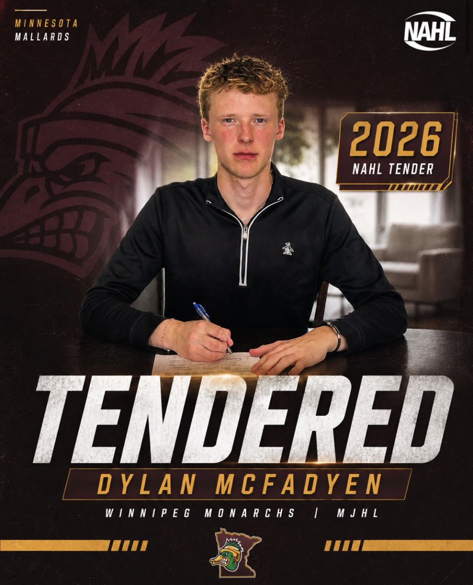 mnmallards's tweet photo. The Minnesota Mallards have tendered goaltender Dylan McFadyen of the Winnipeg Monarchs (MJHL) for the 2026 season.

Welcome to Minnesota, Dylan! #MallardsHockey https://t.co/uJYtIBPU2h