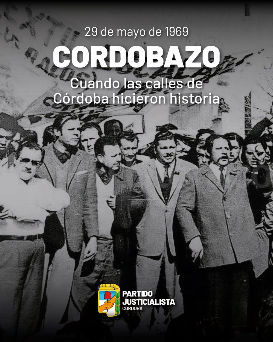 PJ_cordobaok's tweet photo. El Cordobazo nació en las calles de nuestra provincia y quedó para siempre en la historia argentina.

Fue el pueblo organizado defendiendo derechos, trabajo y dignidad.

A 57 años de aquella jornada histórica, seguimos reivindicando una Córdoba con participación, compromiso social y una comunidad que nunca mira para otro lado. ✌🏼