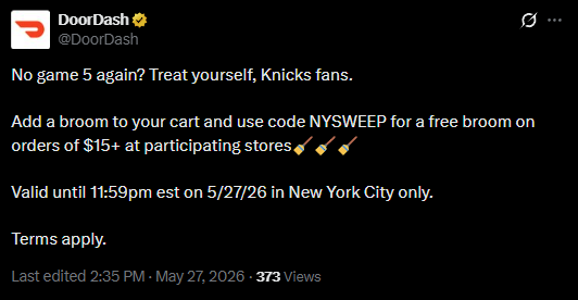 Pricerrors's tweet photo. FREE BROOM FROM DOORDASH 🧹

Add a broom to cart + use code: NYSWEEP

Makes the broom FREE on $15+ orders.

NYC only expires 5/27 at 11:59PM EST.