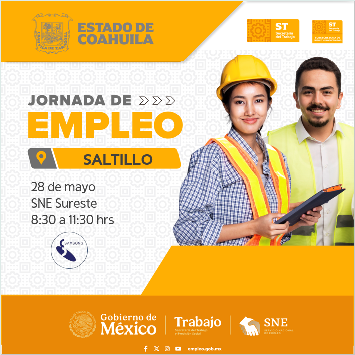 SNECoahSureste's tweet photo. Únete a nuestra #JornadaDeEmpleo #Saltillo

✅ Empresa: SAMSONG

📌 Solicita 👇
Auxiliar de ensamble

📆 28 de mayo
⏰ 08:30 a 11:30 hrs 
📍 Servicio de Empleo #Saltillo
Victoria N° 608 (planta baja), Zona Centro.

Te esperamos. 🙌

#Coahuila https://t.co/q6vdpuwSeJ