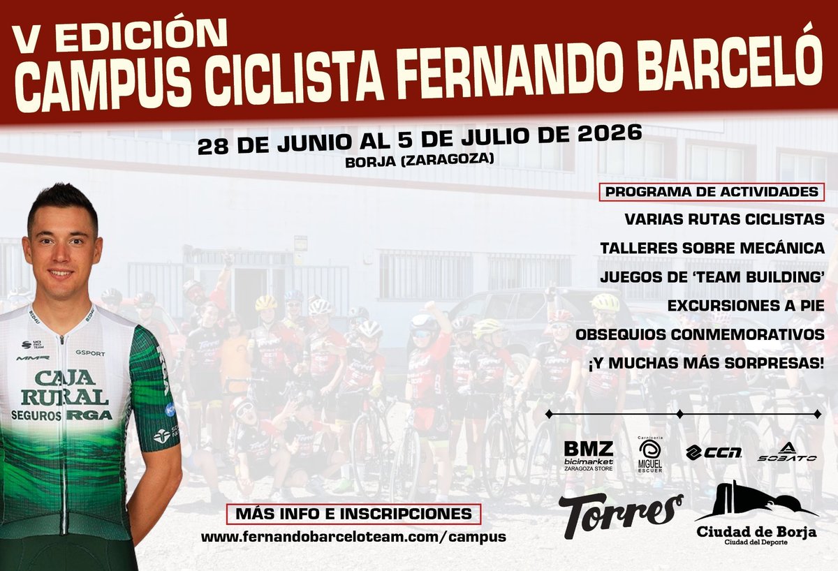 FBarceloTeam's tweet photo. 👀 ¡SOLO FALTA UN MES!

🐣 Un año más, hacemos cumplir aquello de "las bicis son para verano" con nuestro V Campus Ciclista Fernando Barceló.

🗓️ 28 de junio a 5 de julio
📍 Borja (Zaragoza)
👀 Niños/as de 2010 a 2019

✍🏻 Inscríbete ya a través de https://t.co/oKO9ubOXxa https://t.co/08svru9gRQ