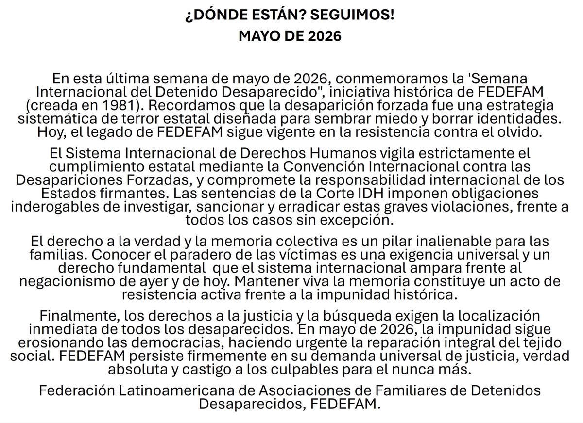 ASFADDES's tweet photo. Conmemoración de Lucha, Amor y Resistencia. En esta última semana de mayo conmemoramos la Semana Internacional del Detenido Desaparecido. Iniciativa histórica @FedefamOrg Frente al terror y el olvido, nuestro legado sigue vigente en la resistencia. #DondeEstán #Asfaddes #Memoria https://t.co/isYBW99fqY