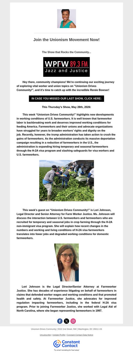 ReneeLBowser's tweet photo. "Unionism Drives Community!" @WPFWDC Thurs., May 28 @ 5 pm features LORI JOHNSON, Farmworker Justice Legal Dir., discussing how farmworkers and their union are fighting trump's gutting conditions for H-2A temp. visa workers and those of U.S. farmworkers. https://t.co/H9tUheuUTK