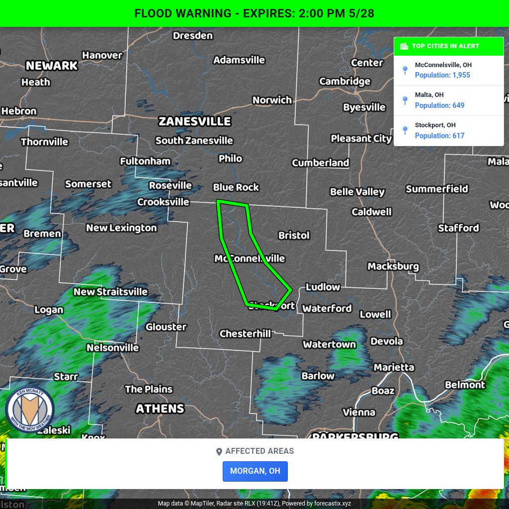 MOVWeatherTweet's tweet photo. Weather Alert: Flood Warning has been issued for Morgan, OH. Expires at 2:00 PM 5/28. https://t.co/4bDsxFe8jc