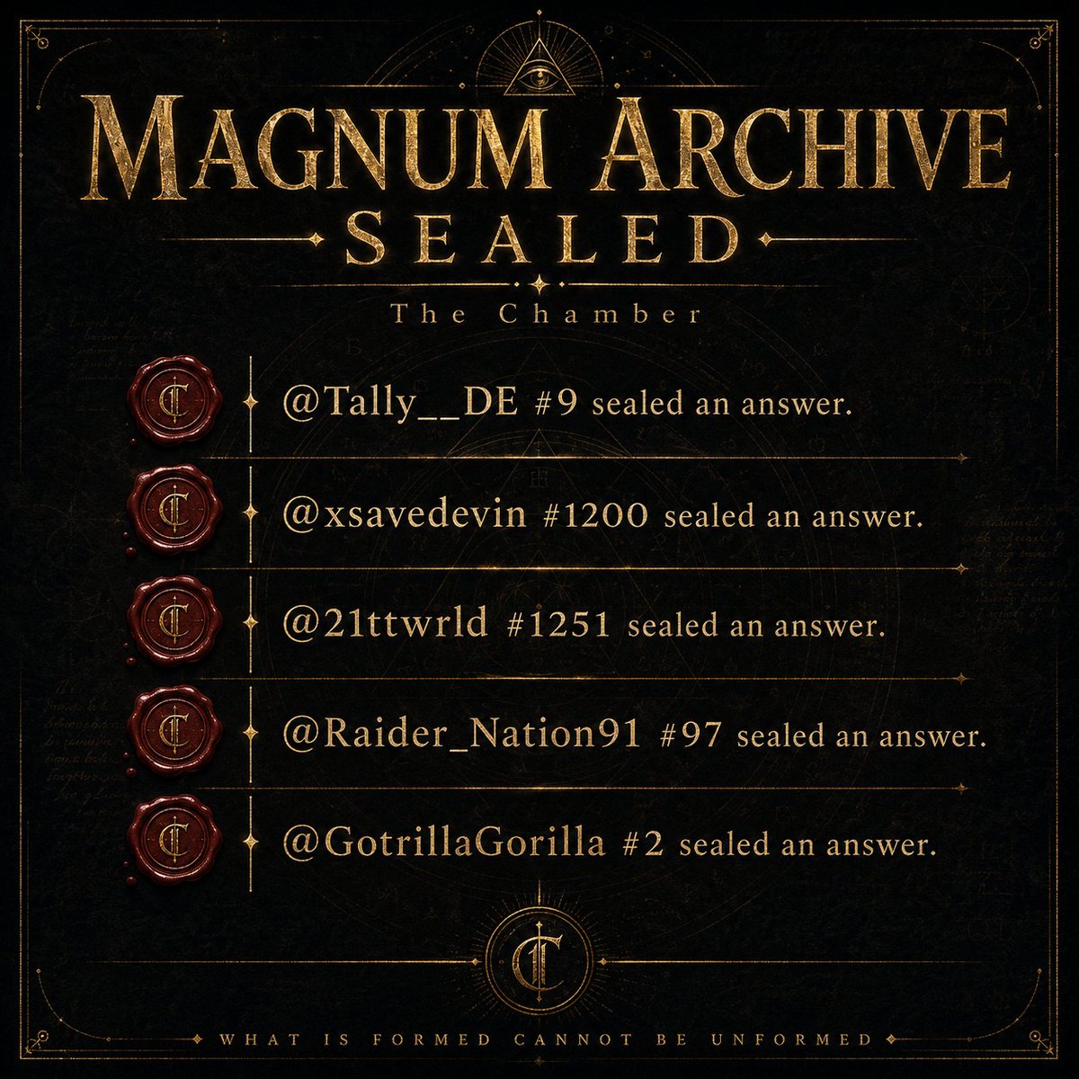 Tally__DE's tweet photo. Magnum Archive have sealed their answers.

@LobstarWilde 

@xsavedevin @21ttwrld @Raider_Nation91 @GotrillaGorilla https://t.co/8K8QujIMju