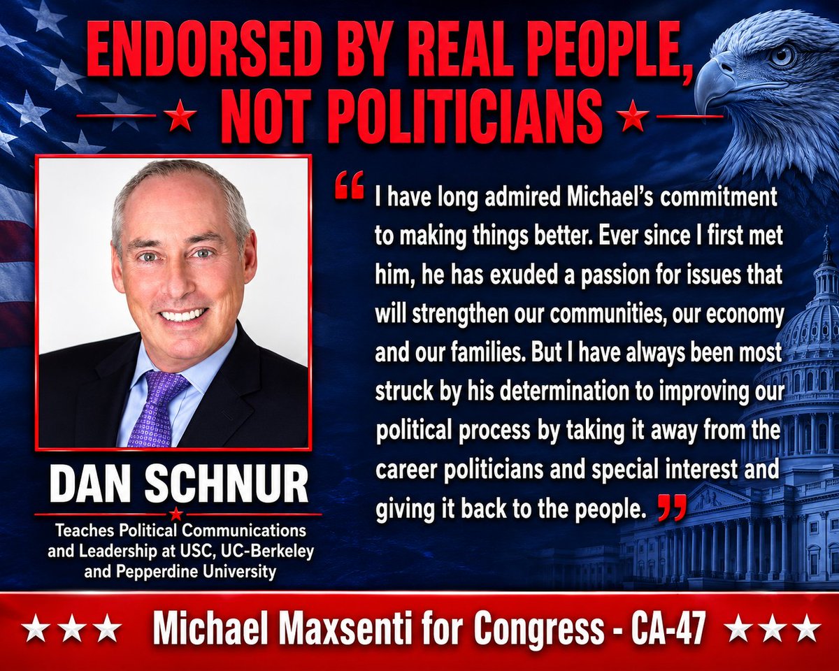 Maxsenti47's tweet photo. Thank you, Dan, for your kind words and for recognizing my commitment to returning power to the people.

Ballots are out NOW in California’s 47th District.

This is our chance to elect principled leadership that puts communities, families, and common sense first -- not career politicians or special interests.

I humbly ask for your vote.

Michael Maxsenti for Congress - CA-47
#maxsentiforcongress #votenow #ca47
