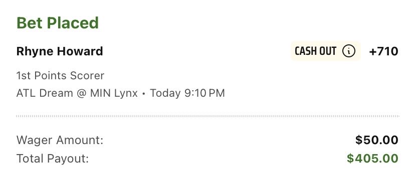 TPB_FirstBasket's tweet photo. WNBA play 🏀

Rhyne Howard +710 (DK) 🟩

Expecting Reese to win the tip here for ATL. Howard has already cashed first basket in 2/4 of her starts this season 👀

https://t.co/f36OAJSetm 📒 https://t.co/PmB2LzpeDe