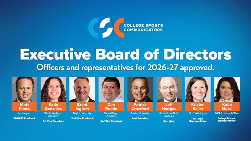 rueded's tweet photo. Earlier today @CollSportsComm approved its slate of Executive Board members for 2026-27, of which I am excited to rejoin the board as the Third Vice President!  I'm looking forward to the opportunity to serve all of our members in the CSC officer rotation 
https://t.co/NXgsh9dS8d https://t.co/bSaC6VrrAI