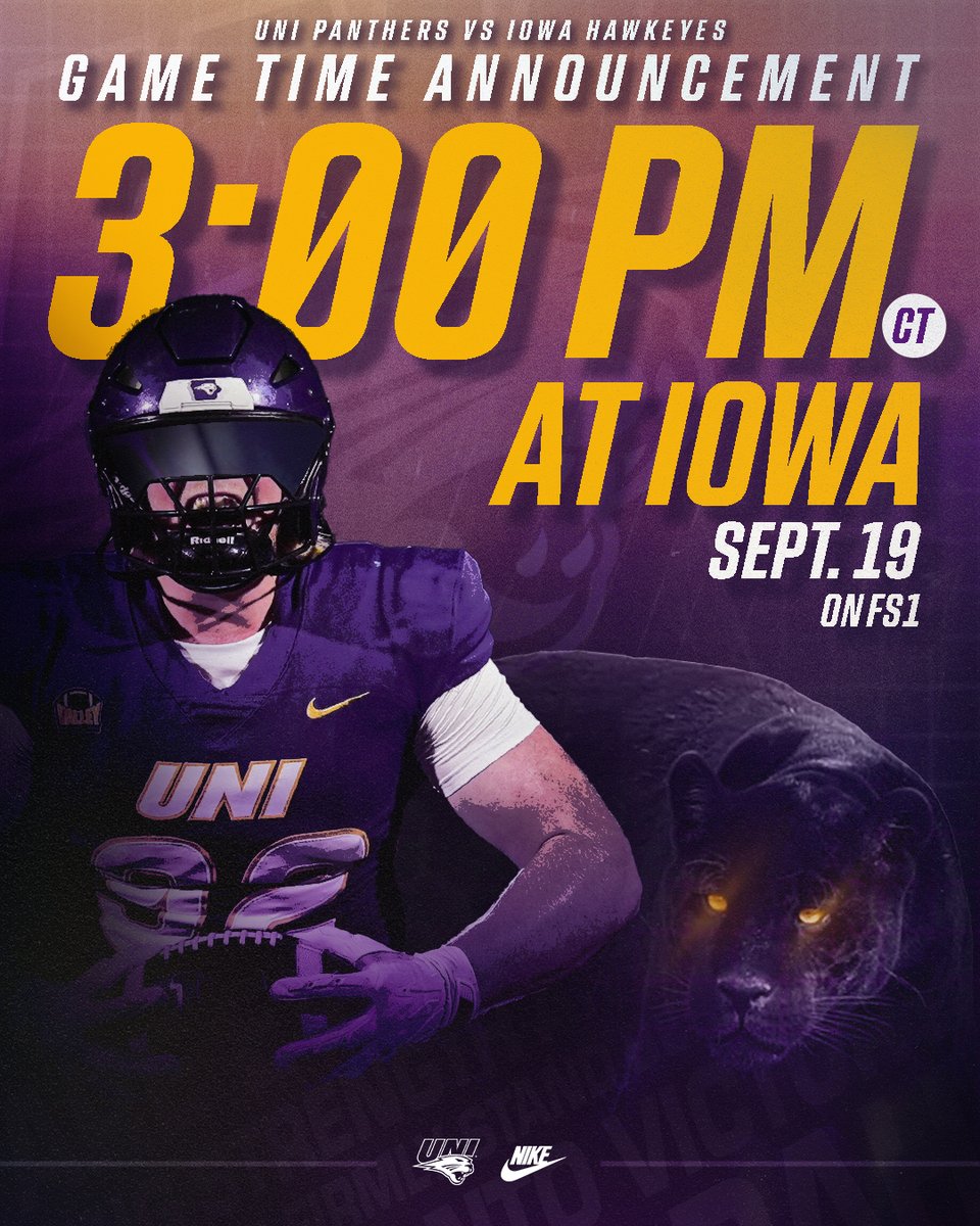UNIFootball's tweet photo. Game time ✅ 
Network ✅ 

Cats face the Hawkeyes on September 19 at 3 p.m. CT on FS1!

#EverLoyal | #LgeacyEra | #UNIFootball https://t.co/fngeBaPtQp