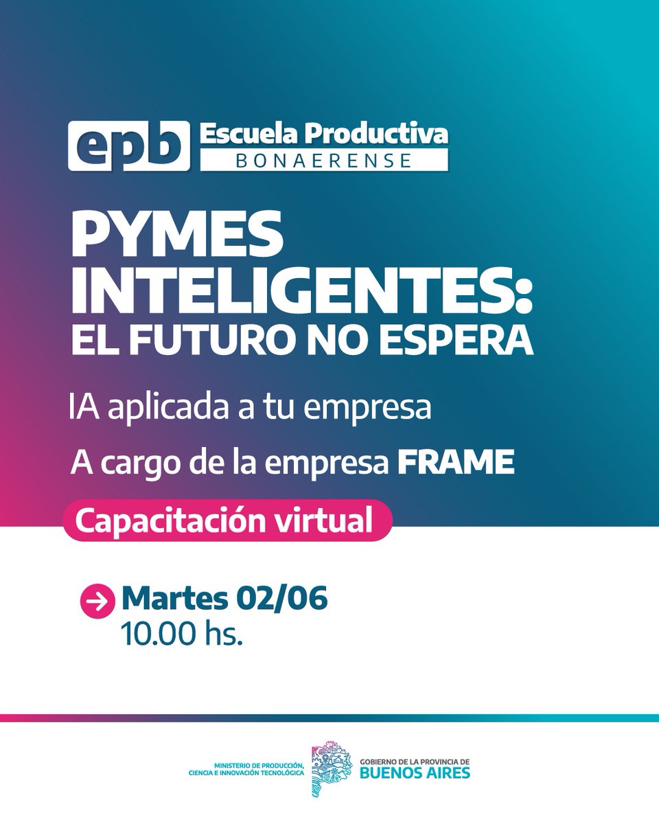 aieratw's tweet photo. 🤖 Inteligencia Artificial para PyMEs

El Ministerio de Producción, Ciencia e Innovación Tecnológica de la Provincia de Buenos Aires invita a participar de la capacitación virtual:

Pymes inteligentes. El futuro no espera. IA aplicada a tu empresa https://t.co/a21ey7vIqz