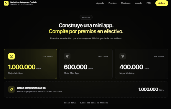 Celo_Col's tweet photo. @icesi @ethcali_org @ethereum @ethereumfndn @CeloDaily @Celo @Crypto_Altruism @platohedro 🏆 Premios:

🥇 1er lugar → 1.000.000 $COPm
🥈 2do lugar → 600.000 $COPm
🥉 3er lugar → 400.000 $COPm
+ Bonos de integración (hasta 10 proyectos × 100k $COPm)

Total: 3.000.000 $COPm 👇 https://t.co/XKGlf9JV3R